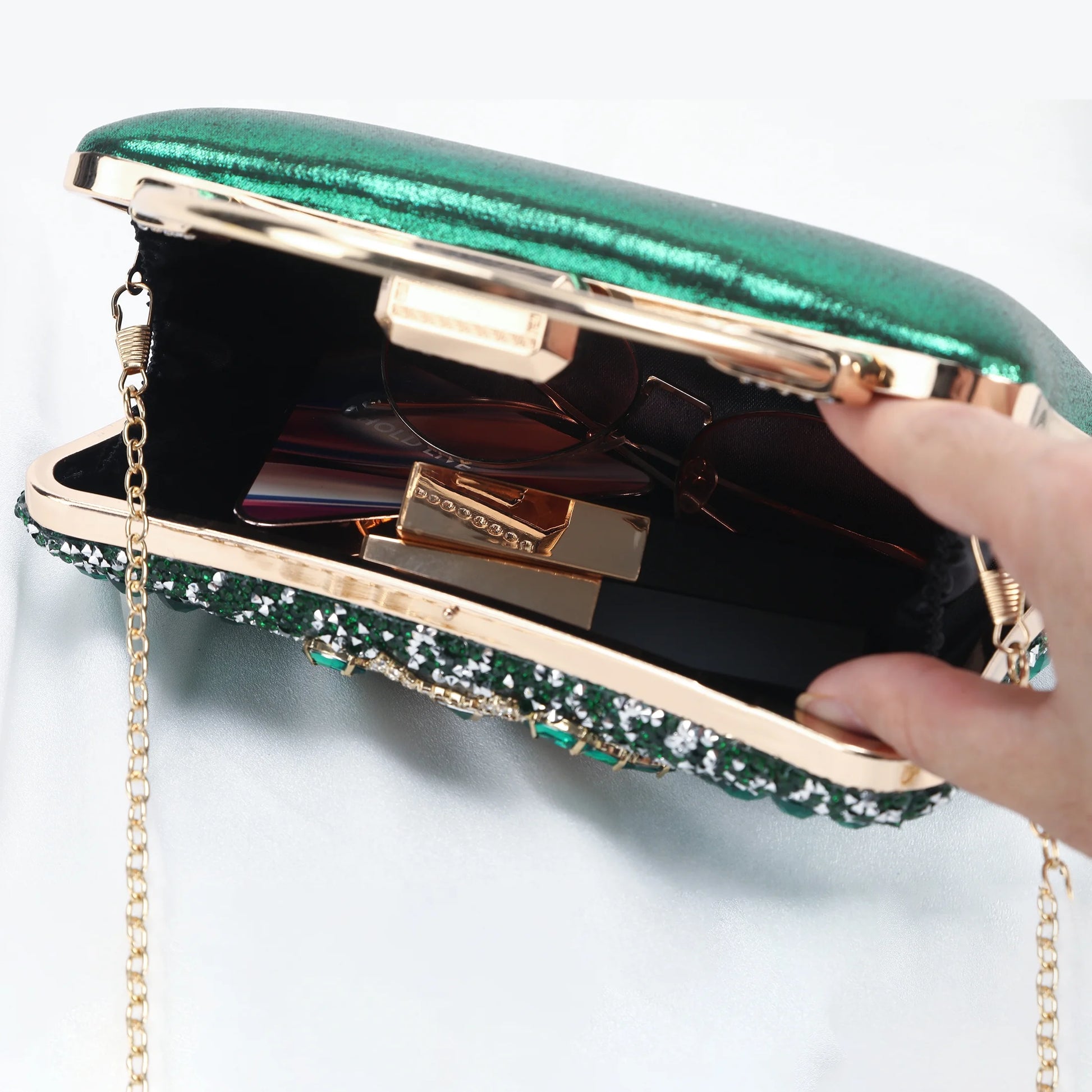 Evening Bag Clutch Purses for Women Ladies Sparkling Party Handbag Wedding Cocktail Prom Bag V-Neck Shape, Green