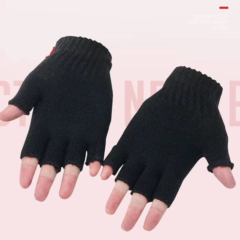 Black Winter Warm Pure Black Knitted Wool Half Finger Warm Gloves