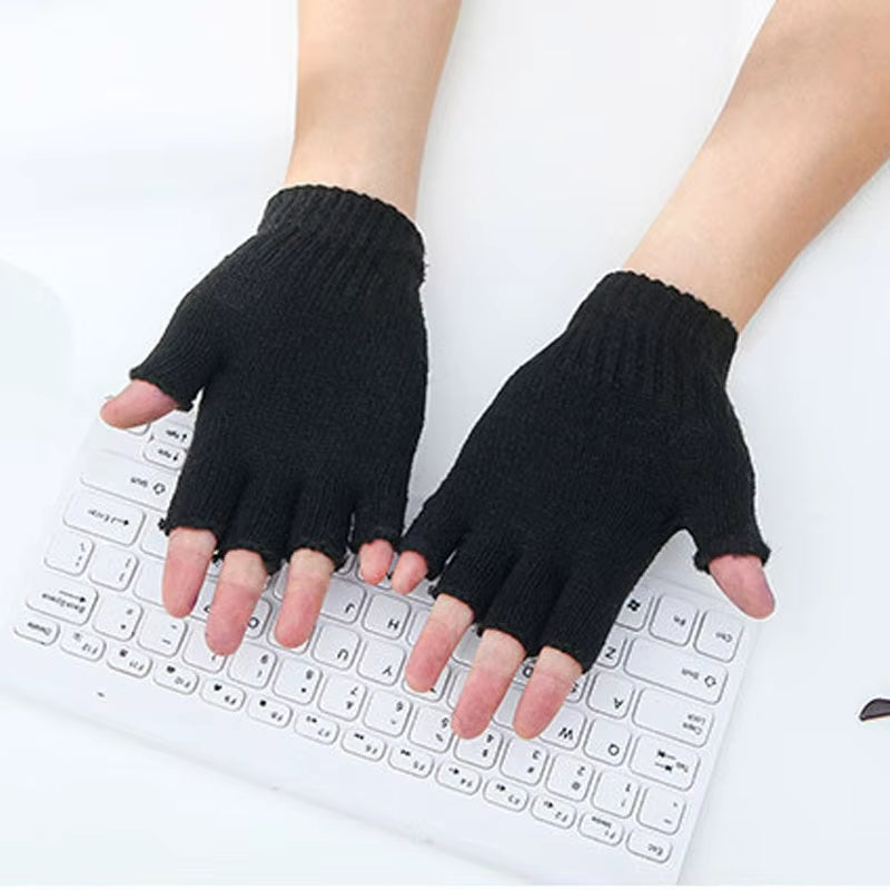 Black Winter Warm Pure Black Knitted Wool Half Finger Warm Gloves