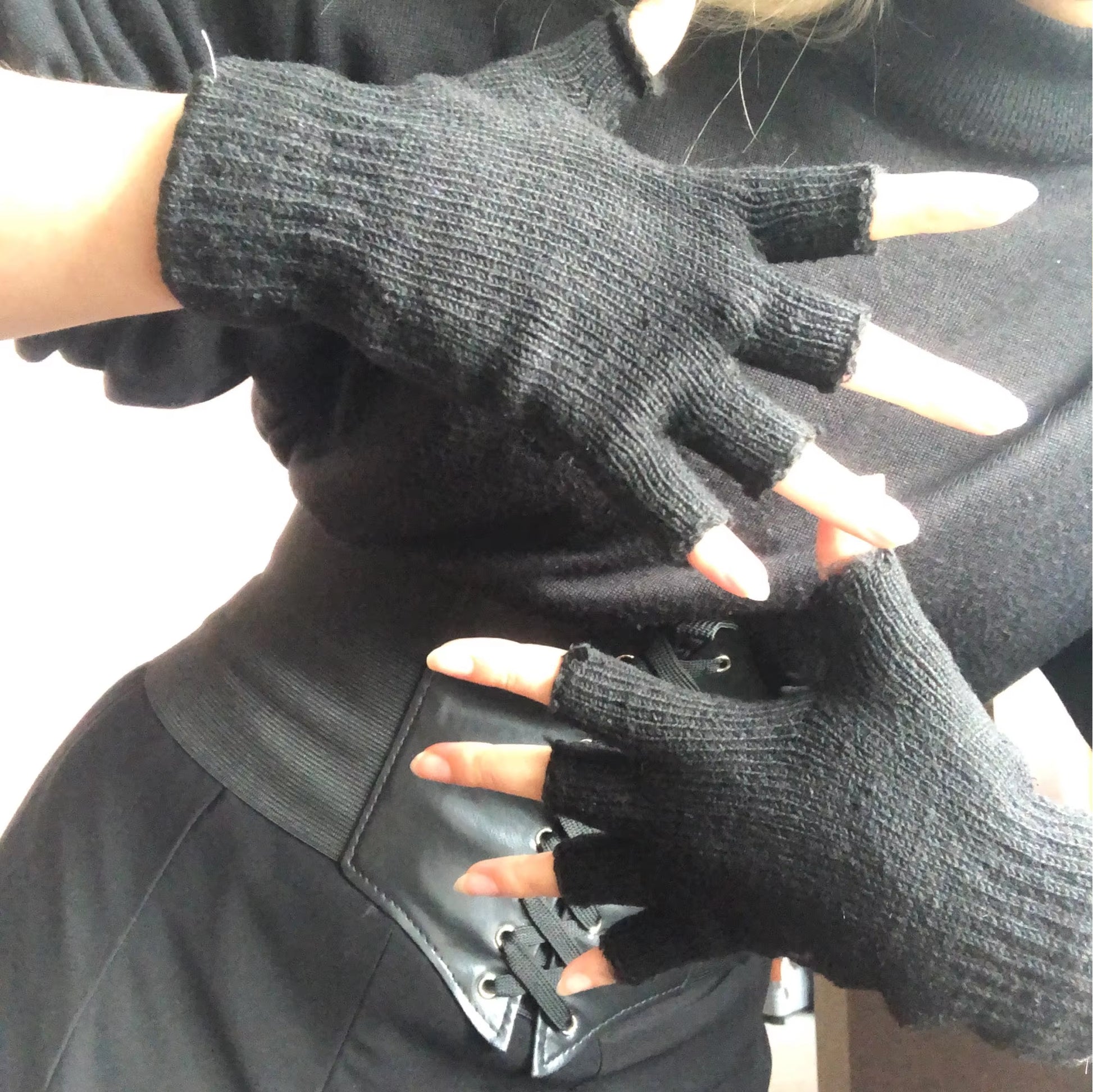 Black Winter Warm Pure Black Knitted Wool Half Finger Warm Gloves