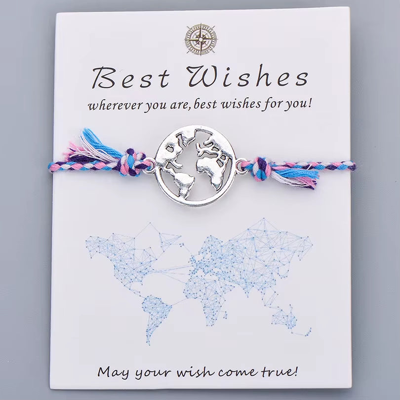 Colorful Braided Rope Charm Bracelet Best Wishes World Map Wish Bracelets for Women Men Kids Bohemian Boho Jewelry Gift