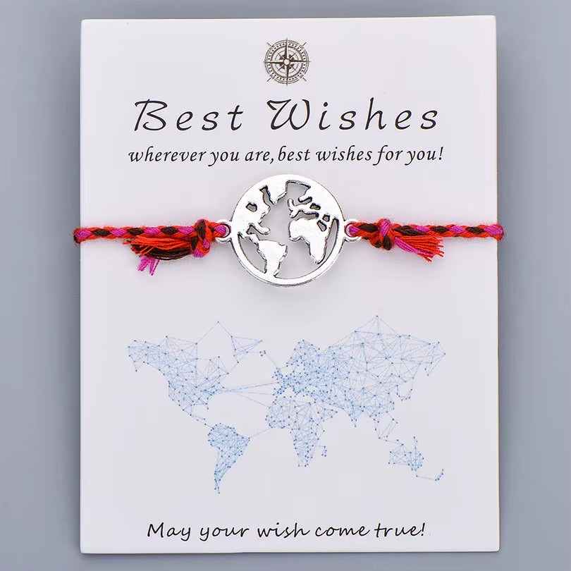 Colorful Braided Rope Charm Bracelet Best Wishes World Map Wish Bracelets for Women Men Kids Bohemian Boho Jewelry Gift