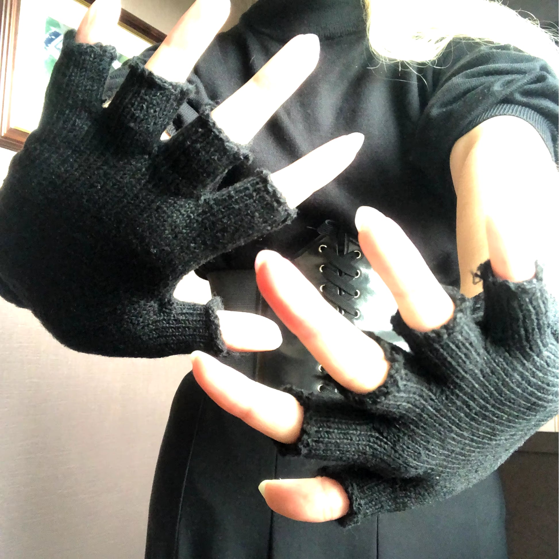 Black Winter Warm Pure Black Knitted Wool Half Finger Warm Gloves