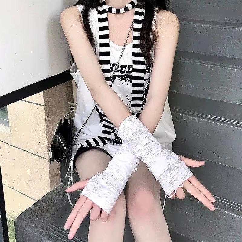 ❤️ Goth Black Metal Buckle Fingerless Long Gloves Punk Hole Half-Finger Y2K Oversleeve Arm Warmer Beggar Lolita Cosplay Sleeve