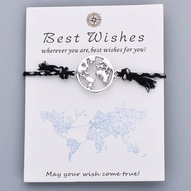 Colorful Braided Rope Charm Bracelet Best Wishes World Map Wish Bracelets for Women Men Kids Bohemian Boho Jewelry Gift