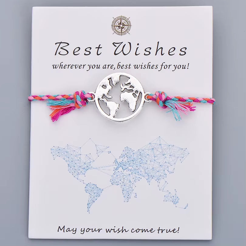 Colorful Braided Rope Charm Bracelet Best Wishes World Map Wish Bracelets for Women Men Kids Bohemian Boho Jewelry Gift