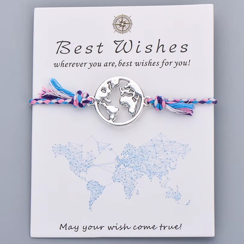 Colorful Braided Rope Charm Bracelet Best Wishes World Map Wish Bracelets for Women Men Kids Bohemian Boho Jewelry Gift