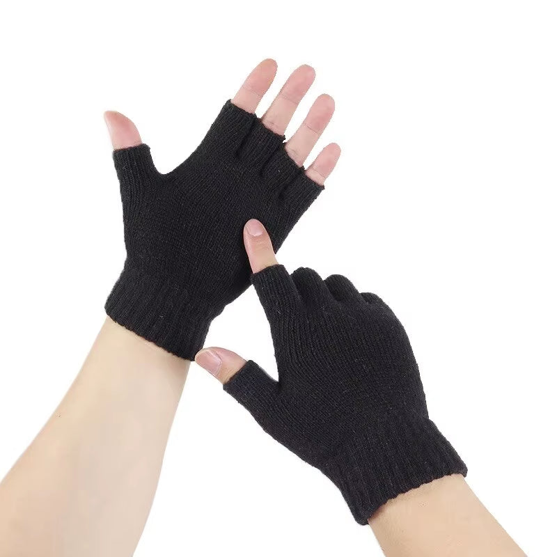 Black Winter Warm Pure Black Knitted Wool Half Finger Warm Gloves