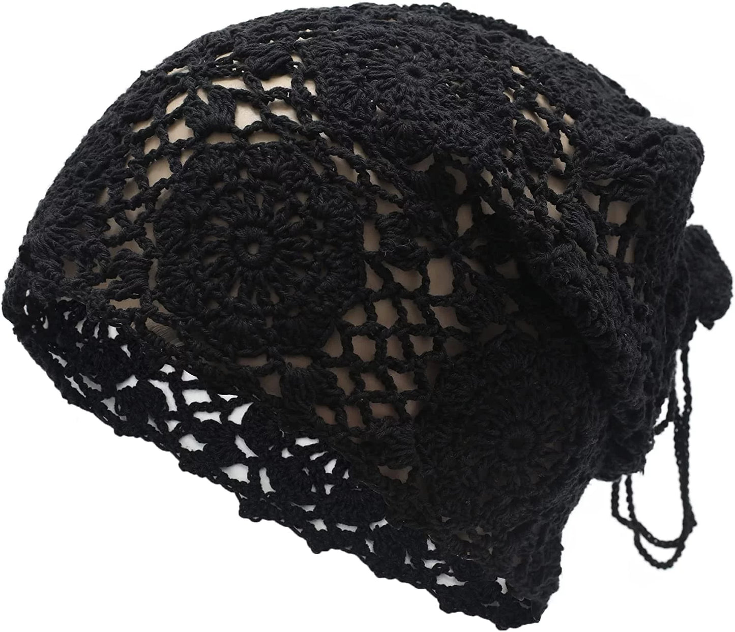 Women Cotton Crochet Slouchy Beanie Hat Handmade Knit Cutout Summer Floral Skull Cap