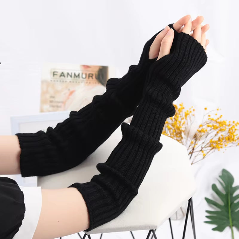 Women Long Fingerless Gloves Soft Female Glove Lolita Kawaii Mitten Winter Warmer Knitted Arm Sleeve Girls Punk Gothic Gloves