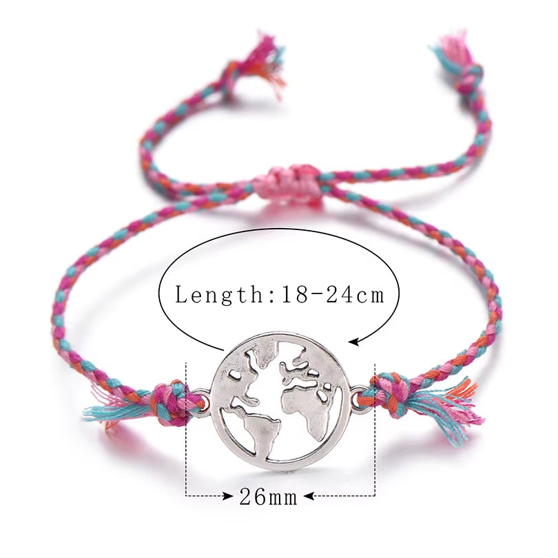 Colorful Braided Rope Charm Bracelet Best Wishes World Map Wish Bracelets for Women Men Kids Bohemian Boho Jewelry Gift